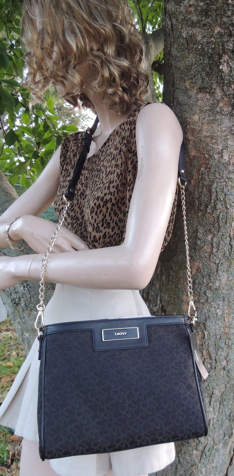 Primary image for DKNY T&C W/VINTAGE PU CUT UP LOGO PLAQUE SMALL CROSSBODY BAG CHINO-BLK NWT