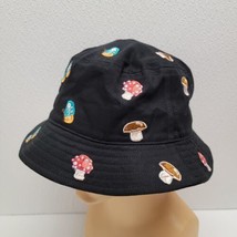 Black Bucket Hat With Mushrooms And Butterflies Novelty Hippie Hat Retro - $17.72