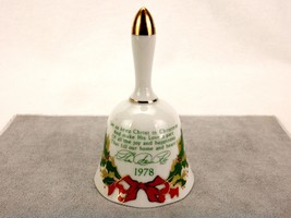 Porcelain Hand Bell, Helen Steiner Rice, Vintage 1978 Christmas, Holly &amp; Ribbon - $14.65