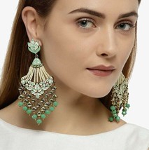 Indian Gold Plated Enameled Mint Green White Long Chandbali Earrings Jewelry Set - £22.88 GBP