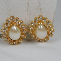 Teardrop Gold Tone Faux Pearl 14 Clear Crystals Clip On Earrings Unmarke... - £9.19 GBP