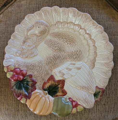 Primary image for Thanksgiving Harvest Turkey w/ Autumn Leaves & Fall Fruits 12" Ceramic Platter