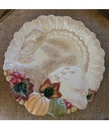Thanksgiving Harvest Turkey w/ Autumn Leaves &amp; Fall Fruits 12&quot; Ceramic P... - £17.40 GBP
