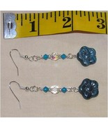 Adorable Blue Czech Glass Flower Swarovski Crystal Dangle Earrings 2 3/4 in long - $12.80
