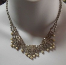 Vintage Faceted Clear Rhinestone &amp; Faux Pearl Bib /Collar Necklace - £42.83 GBP