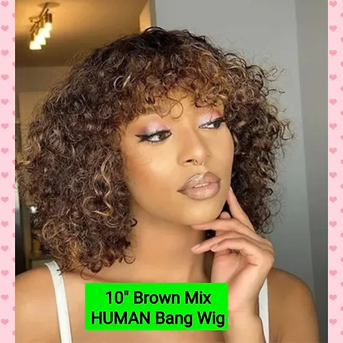 10&quot; Brown Highlight Jerry Curly Human Bang Wig - $187.50