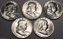 Set of (5) 1962 D Franklin Silver Half Dollars   Beautiful Brilliant White Coins - £86.60 GBP