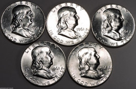 Set of (5) 1961 P Franklin Silver Half Dollars   Beautiful Brilliant White Coins - £87.57 GBP