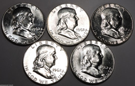 Set of (5) 1962 P Franklin Silver Half Dollars   Beautiful Brilliant White Coins - £86.60 GBP