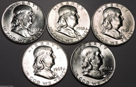 Set of (5) 1963 D Franklin Silver Half Dollars   Beautiful Brilliant White Coins - £87.40 GBP
