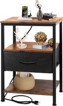 Nightstand With Charging Station, Bedside End Table With Usb, Vintage Brown - £50.66 GBP