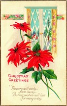 Christmas Greetings Pointsettias Icy Window Poem Textured 1924 Vtg Postcard  - £3.06 GBP