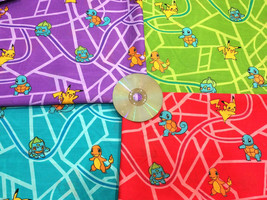 LOT 1 set 4pcs fat quarter 4 colors PokemonPikachu maps friends Quilting Fabric - £19.95 GBP