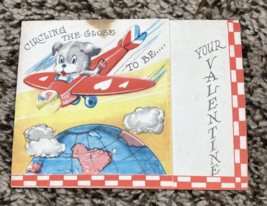 Vintage Valentines Day Card Folded Dog in Airplane Circling the Globe - £4.50 GBP