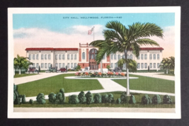 City Hall Street View Palms Old Cars Flag Hollywood Florida FL Postcard c1930s - £6.28 GBP