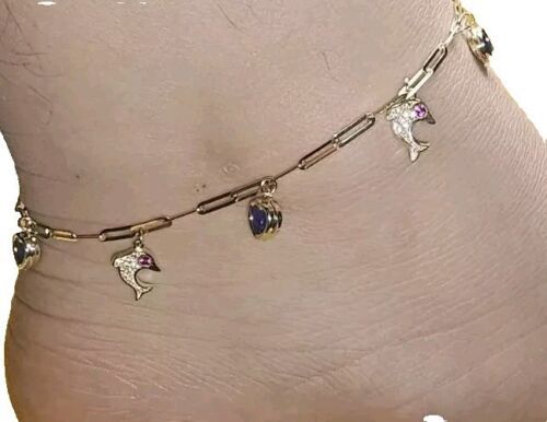 Dolphin Blue Heart Dangle Charm Anklet Adjustable Bracelet 10kt Solid Gold Item image 5