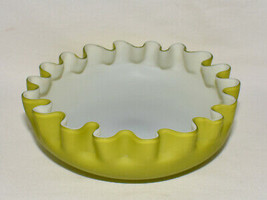 Vintage Cased Satin Glass Rose Bowl Green Handblown Crimped Glass Bowl Dish - $39.00