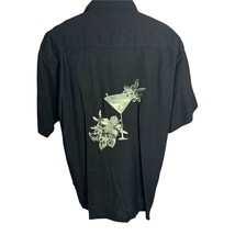 Newport Blue Button Down Camp Shirt L Black Embroidered Martini Pocket Flower - $37.19