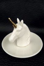 Unicorn Figurine White Ceramic Trinket Dish Tray Gold Horn Jewelry Ring Holder - £7.58 GBP