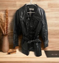 Chico’s Womens Jacket Coat Sz 2 Black Snake Print Mid Length Belted Lightweight - £31.00 GBP
