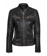New Women Café Racer Moto Biker Distressed Black Vintage Real Leather Ja... - £94.30 GBP