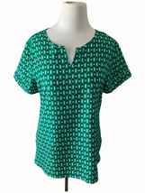 Van Heusen short sleeve vneck green white cotton blend blouse ladies medium - $24.03