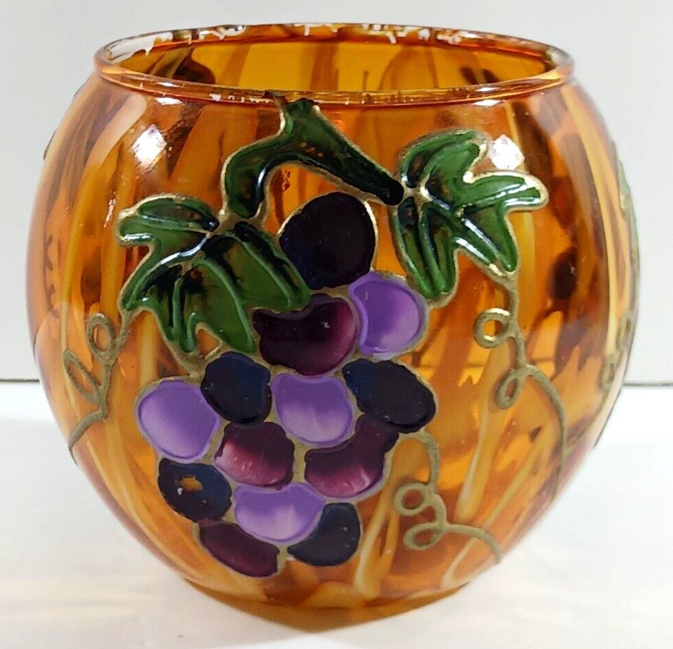 Hand Painted Yellow Gold Bowl Vase GRAPES Raised Design - $5.69