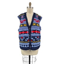 80s 90s VTG Ugly Hand Knit Wool Sweater Vest Blue/Red/Yellow Unisex  Siz... - £101.18 GBP