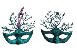 2 Masquerade Mardi Gras Masks 6” Christmas Ornaments Blue Glitter Sequins - £9.59 GBP