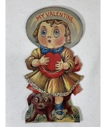 Vintage Big Eyed Girl w/ Dog Cutout Mechanical Valentines Day Card &quot;My V... - $9.90