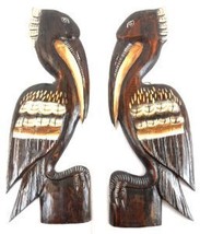 2 HAND CARVED SET OF BROWN WOOD PELICANS WALL ART HANG ON WOOD PILING, T... - $28.65