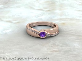 Natural Purple Amethyst And CZ Diamond Gemstone Sterling Silver Women Ring  - £49.83 GBP