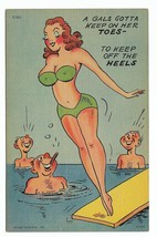1952 Linen Curt Teich Comic Postcard- C-801 lady diving board beach - $9.99