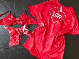 Victoria&#39;s Secret Unlined 34D,34DD,34DDD Bra Set+Panty+Robe Kimono Red Bow Love - £93.60 GBP