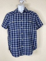 Lucky Brand Men Size L Blue Check Button Up Classic Fit Shirt Short Sleeve - £6.53 GBP