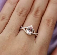 1.50Ct  Pear Cut Morganite Halo Diamond Engagement Ring 14K Rose Gold Over - £87.98 GBP