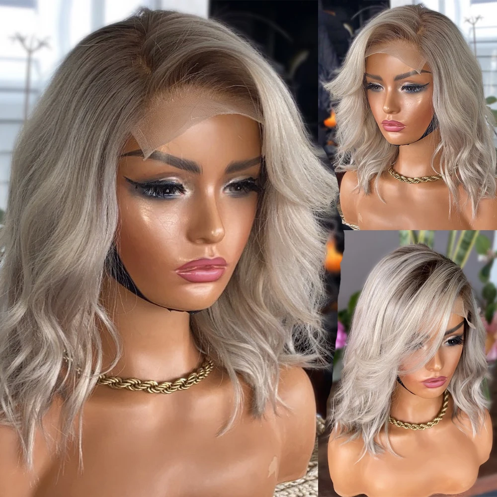 Woman wigs Human Hair Lace Wigs Short Bob Lace Frontal Wig Ombre Ash Blonde Grey - £114.86 GBP+