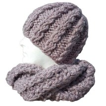 Womens Handmade Alpaca Beanie Scarf Set Pink Rose Hat Cable Knit Chunky Combo - £61.39 GBP