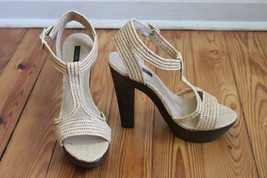 Rachel Zoe 8 Natural Straw Wood T-Strap Platform Heel Sandals - £43.03 GBP