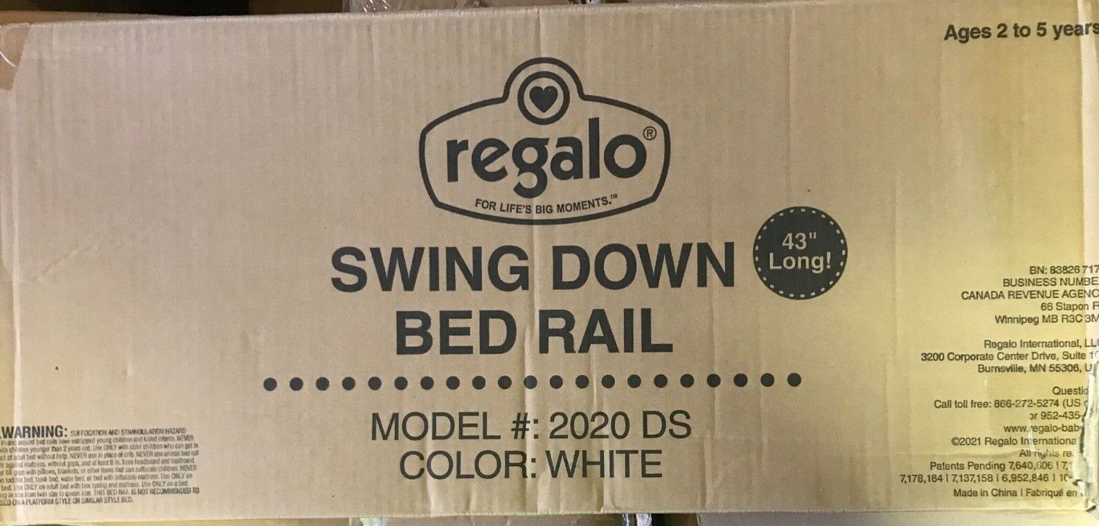 Regalo Swing Down Bed Rail White 43" long Model 2020 DS Age 2 to 5