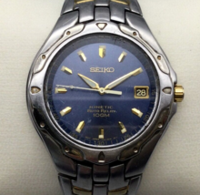 Seiko Kinetic Watch Men 40mm Silver Gold Two Tone Date Blue Dial Automatic 7.75&quot; - £58.87 GBP