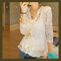 Crochet Ivory Lace V Neck Blouse Three Quarter Sleeve and Shoulder Pads