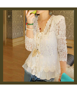 Crochet Ivory Lace V Neck Blouse Three Quarter Sleeve and Shoulder Pads - £41.72 GBP