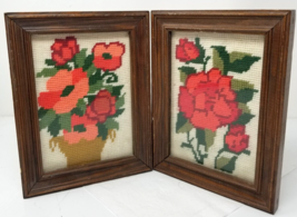 Poppies and Roses Needlepoint Floral Artwork 1970s Handcrafted Wooden Frames - £18.83 GBP