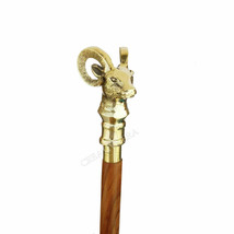 Brass Heavy Mountain Goat Handle Brown Wood Walking Stick Cane - £24.17 GBP