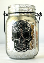 Halloween Mason Jar Sugar Skull Mercury Glass Silver Black 5&quot; Add Votive... - £11.44 GBP