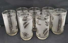 7 Libby Mid Century 10 Ounce Drinking Glass Set Frosted with Silver Gray Leaves - £18.71 GBP