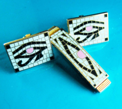 Eye of Horus cuff links Tie clip Cleopatra mosiac enamel Gold Vintage Egyptian R - £131.50 GBP