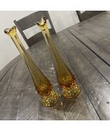 Fenton Art Glass Hobnail Swung Bud Vases Set Of 2 9.5” Amber Vintage 196... - $44.54