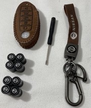 Genuine Leather Lanyard &amp; Key Fob Holder SET W/valve caps For Nissan Lov... - $56.38
